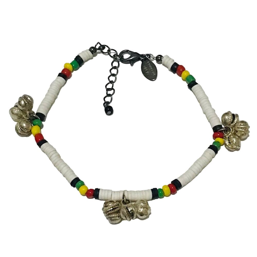Beaded White, black, red, yellow, Green Bracelet with bells